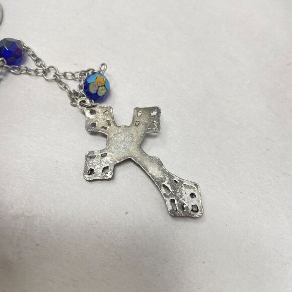 Vintage Aurora Borealis Beaded Rosary Necklace Blue Glass Long Christianity - Picture 13 of 14